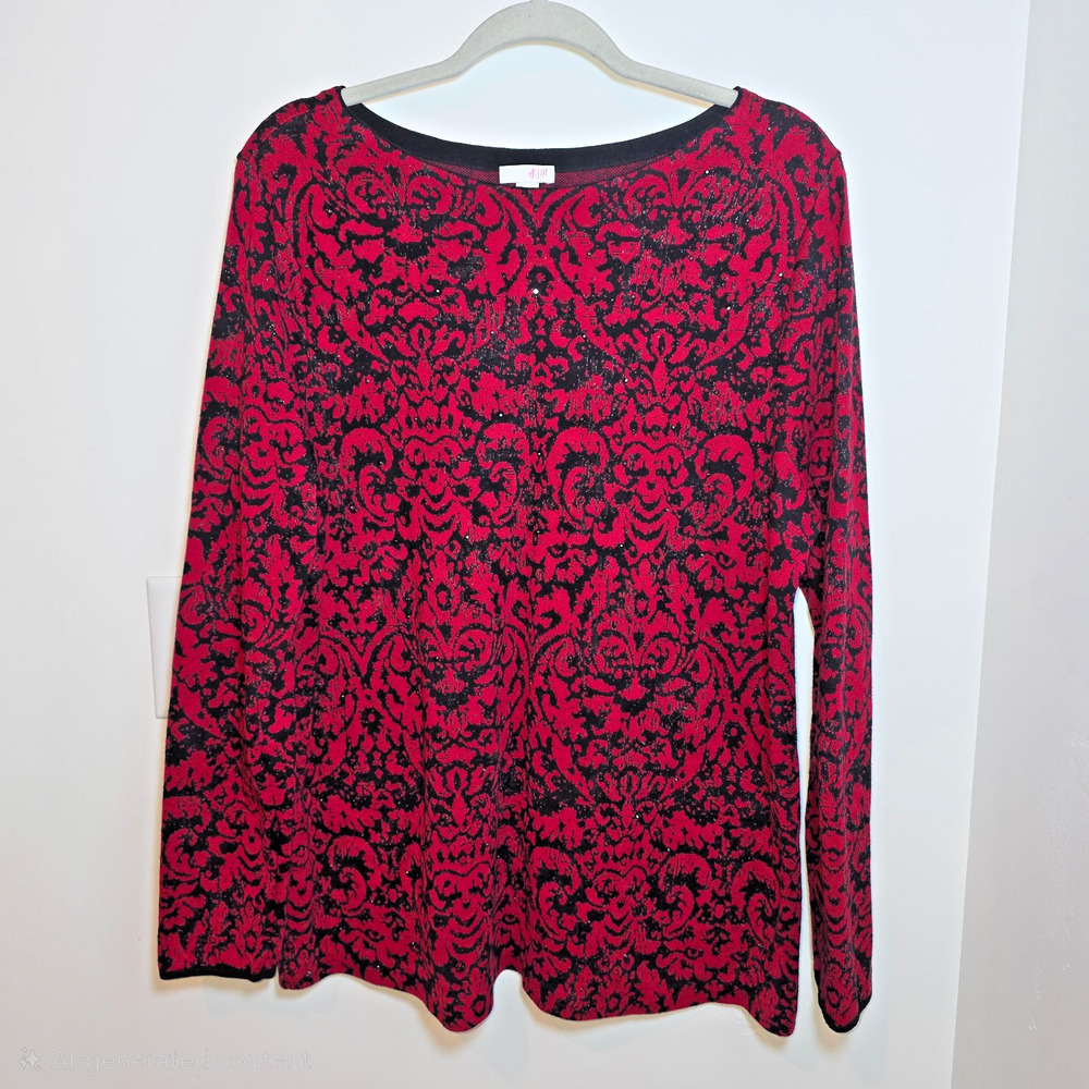 J. Jill Red Black Embellished Sparkle Pullover Sweater Top Womens Large Cotton